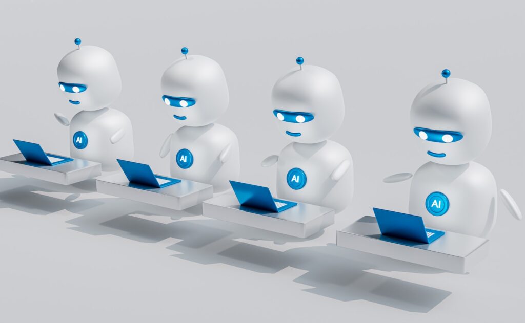 Ai in customer service a group of white robots sitting on top of laptops