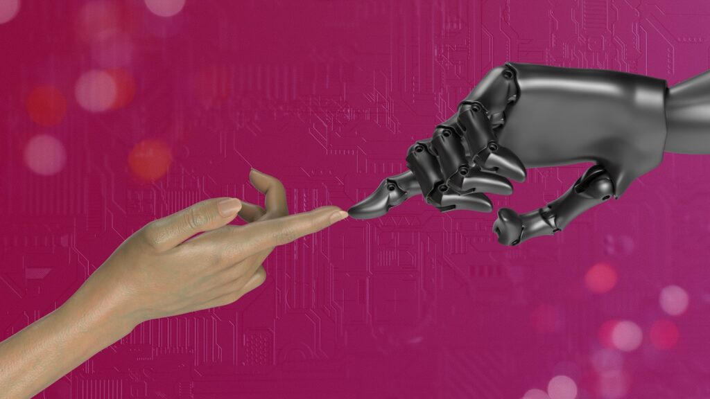 Ai in customer service two hands touching each other in front of a pink background