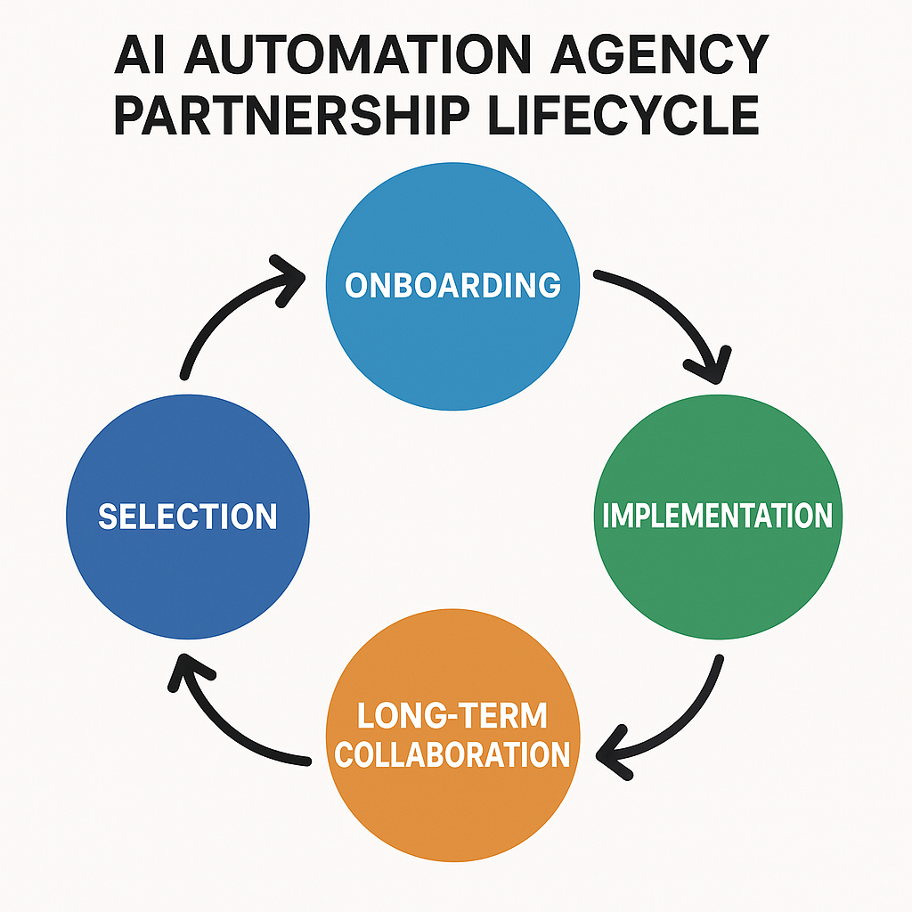 AI automation for small businesses - A partnership lifecycle diagram showing
stages from partner selection to implementation and ongoing support.