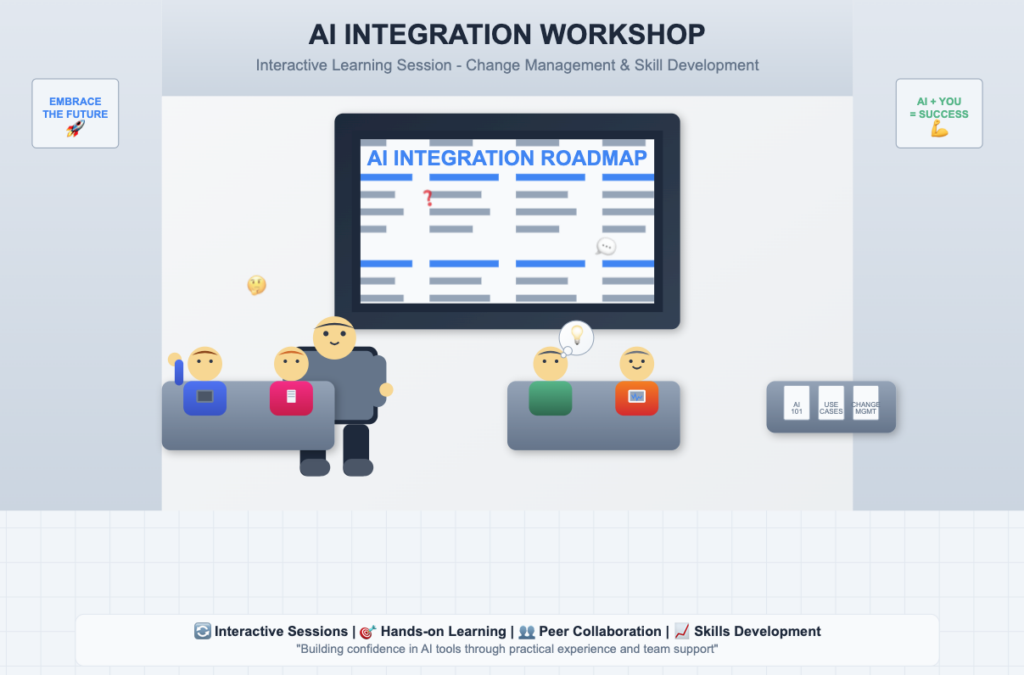 AI agents for business tasks-Illustration of a team workshop where employees
are engaging in AI training and collaboration exercises, fostering a
sense of inclusivity.