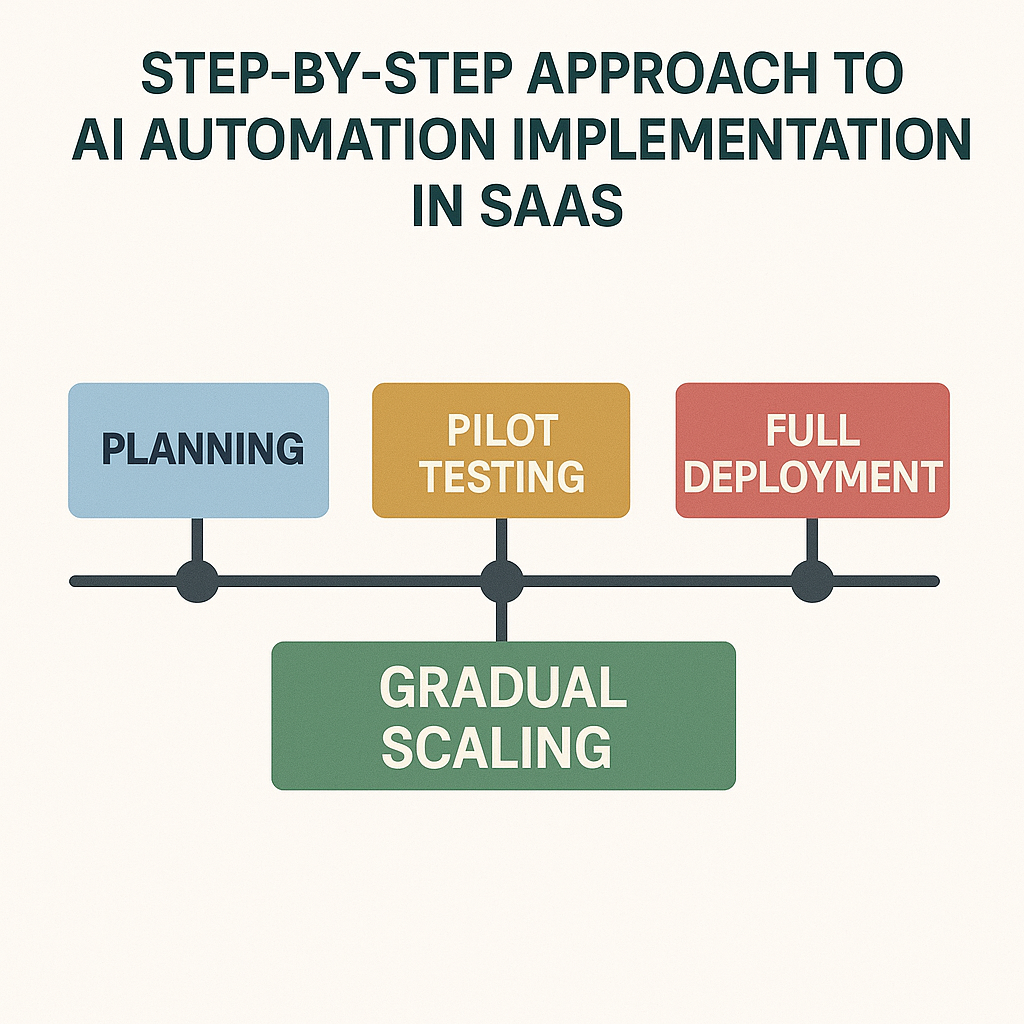 AI automation for SaaS-A timeline infographic outlining a phased
AI implementation approach, with milestones for pilot programs,
testing phases, and scaling.