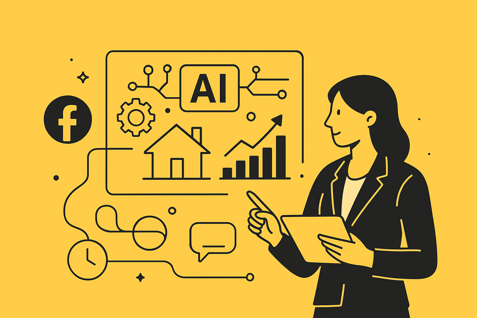 Flat illustration of a real estate professional using AI automation tools, with dashboard icons showing a house, ROI graph, and workflow connections.