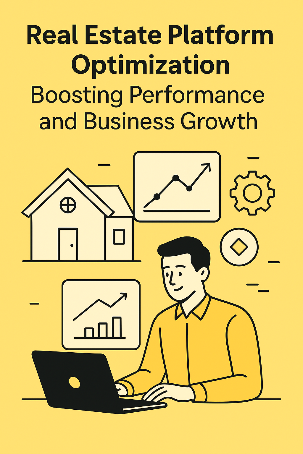 Flat illustration of a professional optimizing a real estate platform on a laptop, with charts, a house icon, and gears symbolizing performance growth.